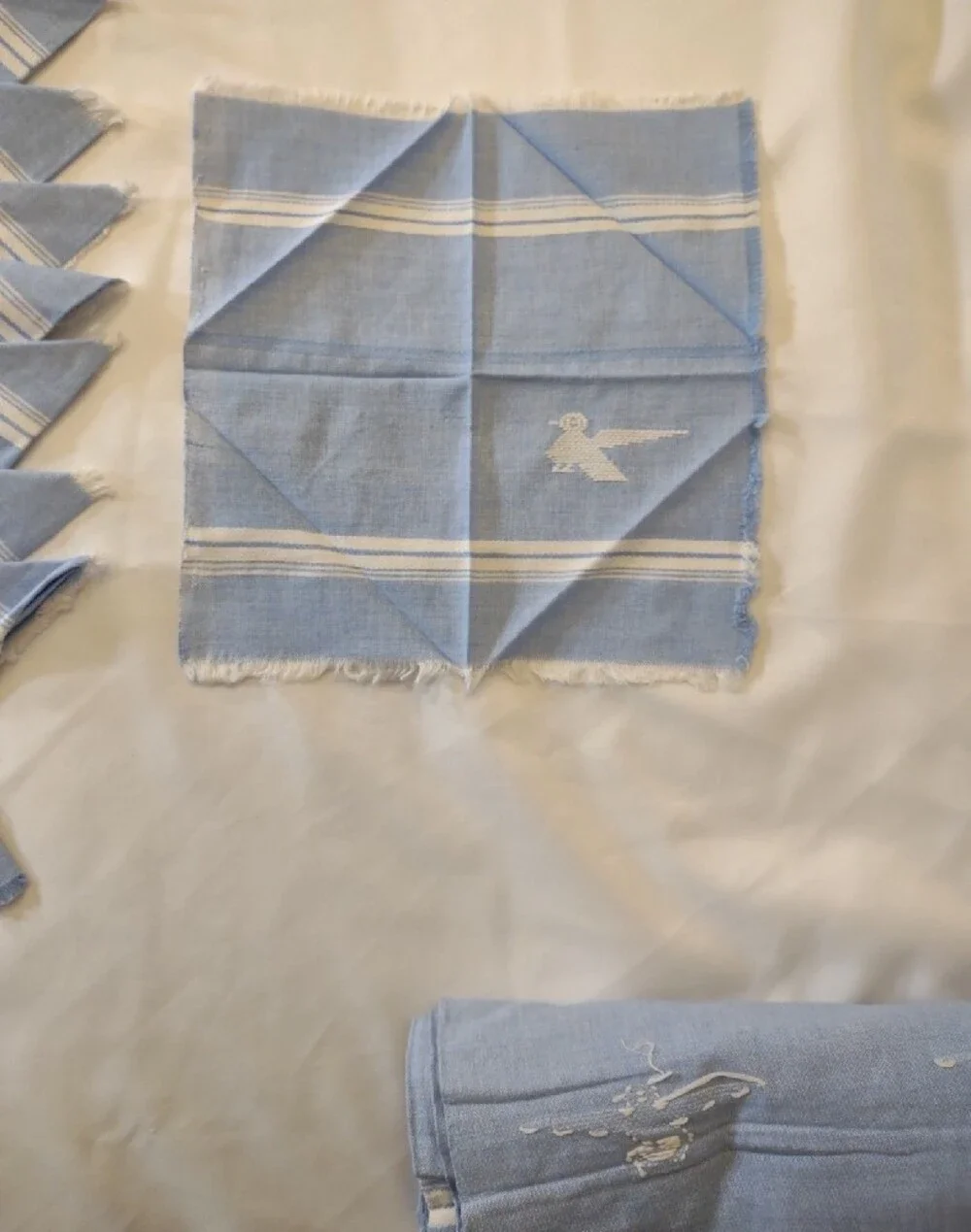 Vintage Hand Woven/Embroidered Lt. Blue Striped Napkin & Table Cloth/Runner Set
